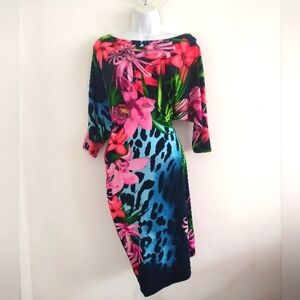 Cache Tropical Floral Embellished Batwing Sleeve Dress
